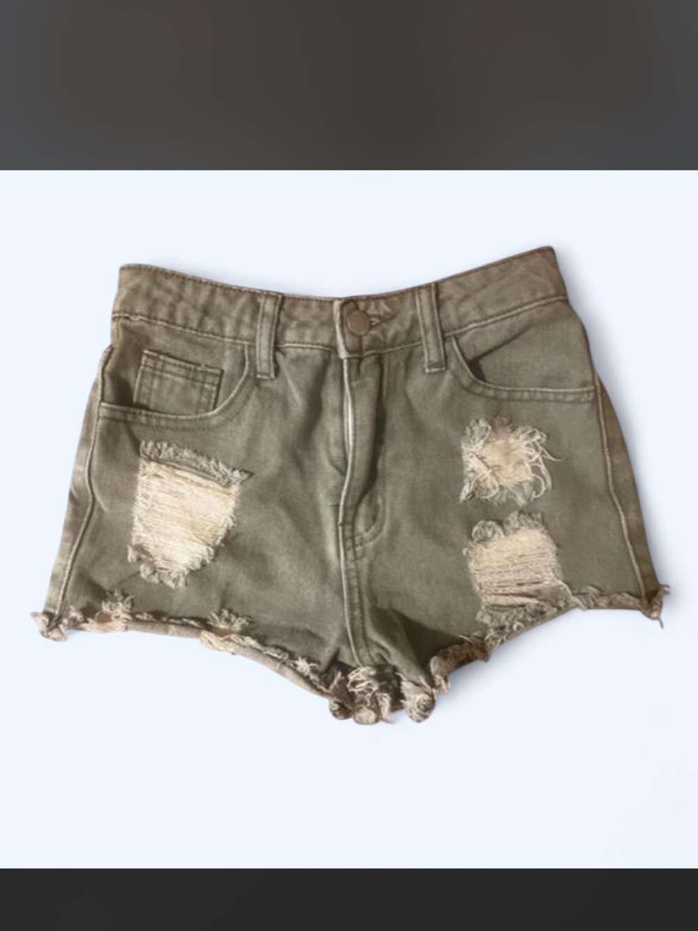 High-Rise Distressed Olive Green Denim Shorts